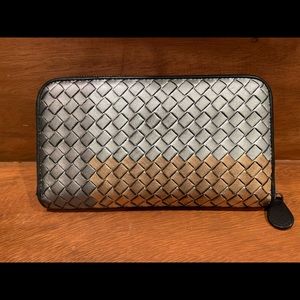 100% Authentic Bottega Veneta Metallic Leather Zip Around Wallet